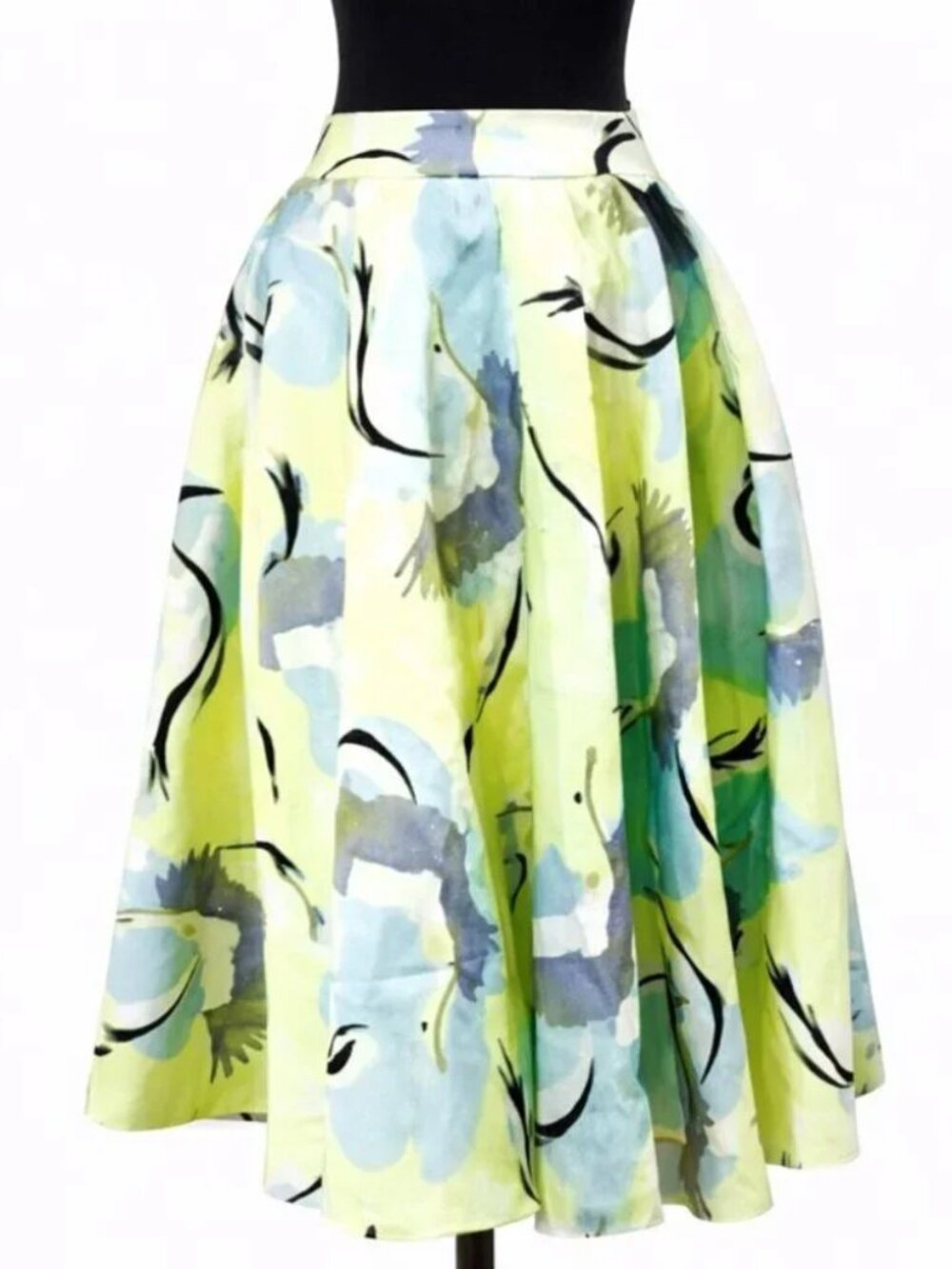 Gracia Yellow Crane Bird Print Pleated Midi Skirt - A-Line Size M